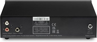 Професионален CD плеър Pro-Ject CD Box E сребрист, заден изглед, RCA конектори за ляв и десен канал, коаксиален изход, захранване 12V