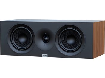 Центральна колонка Elac Debut 3.0 DC53 з горіхового дерева, дерев'яний корпус, чорна передня панель, вид спереду, два вуфери та центральний твіттер