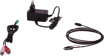 Adattatore di corrente nero Enova HIFI VELA V, cavo audio RCA rosso e bianco, cavo nero con connettore verde