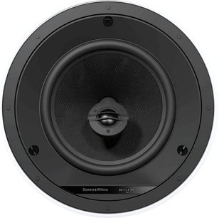 Bowers & Wilkins CCM684 indbygningshøjttaler til loft, set forfra, sort højttaler med rund sort beskyttelsesgitter