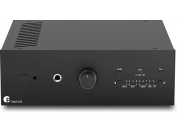 Pro-Ject MaiA DS3 black stereo integrated amplifier, front view, understated front panel with large central knob and headphone output