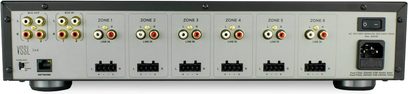 VSSL A.6 6-zones stereo hi-fi forstærker, frontpanel i gråmetallic med 6 par gyldne drejeknapper og sorte tilslutninger