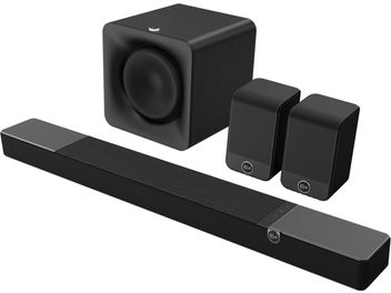 Soundbar Klipsch Flexus Core 300 nera con subwoofer Sub 100 cubico e due diffusori Surr 100 compatti