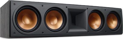 Sort Klipsch RF-63 gulvhøjttaler med 4 runde kobberkegler i rektangulært kabinet, set forfra