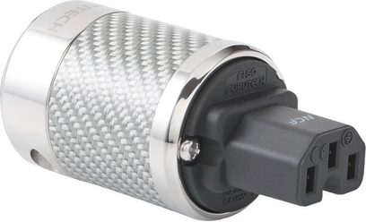 Napájecí síťový kabel Furutech FI-50NCF (R) v stříbrném kovovém provedení s vidlicí a zásuvkou, pohled z profilu
