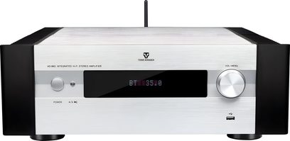 Stereo transistor-integreret forstærker Tonewinner AD-86D, børstet sølvfarvet aluminiumsfront, sort centralskærm, stor rund volumenknap til højre