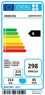 Europæisk energimærke for en Samsung UE85HU7500 TV, energiklasse A, 298 kWh/år, 85 tommer, 2010/1062
