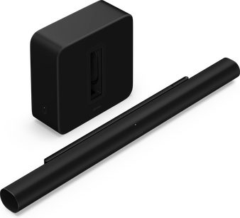 Sort, aflang soundbar set fra perspektiv, med rektangulær sort subwoofer, let set fra oven