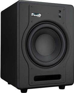 Forstærket Fluid Audio F8S-monitorhøjttaler i sort, set forfra, træhøjttaler med central rund højttaler
