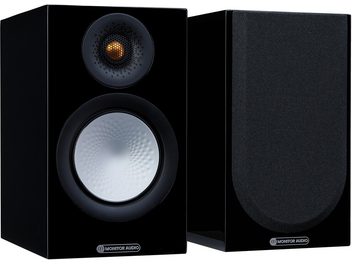 Două boxe de bibliotecă Monitor Audio Silver 50 7G lăcuite negru, una din față și una din lateral