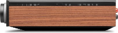 Cambridge Audio Evo 300 integreret stereoforstærker sort med sidepanel med træeffekt og stor grå sideknap