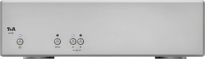Hi-Fi-Endverstärker T+A M 200 in Silber, Frontansicht mit vier runden Tasten und blauen Kontrollleuchten