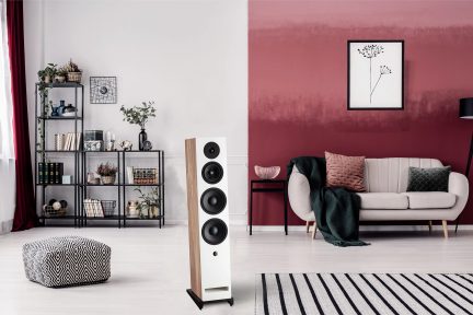 Diffusore a colonna con 4 altoparlanti neri, scaffali metallici con libri e piante, divano chiaro, parete bicolore rosso e bianco