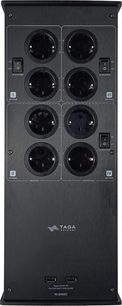 Strømrenser Taga Harmony PC-8000DC sort, set forfra, 8 cirkulære stik, 2 USB-porte, synlige afbrydere