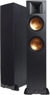 Klipsch RF-82 svart golvhögtalare, framifrån, med två runda gyllene högtalare på framsidan