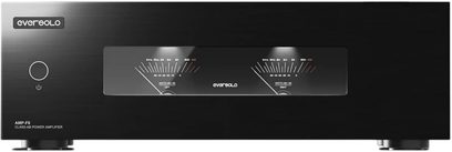 EverSolo AMP-F8 High-Fidelity-Endverstärker schwarz, Frontplatte mit zwei analogen VU-Metern und Einschalttaste links
