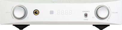 Nuprime PRA-9X sølvfarvet stereo-forforstærker, frontpanel med drejeknapper, digitalt display, stik og logo