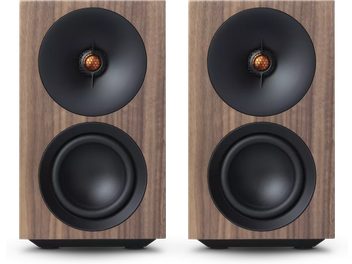 Sæt Cambridge Audio L/R S-højttalere i valnød, front i valnøddetræ, sorte runde højttalere og centralt kobberdiskant