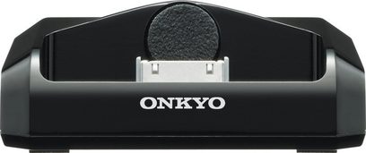 Frontal billede af den sorte Onkyo UP-A1 dockingstation med afrundet rektangulær form, hvidt logo og central cirkulær højttallergitter