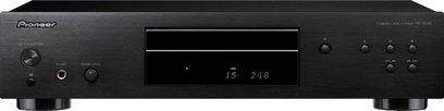 Pioneer PD-30AE sort CD-afspiller, frontpanel, blå LED-display, kontrolknapper og -hjul, CD-bakken er lukket