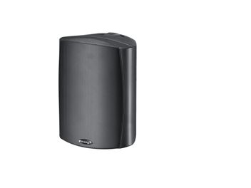 Cassa da esterno Paradigm Stylus 270 nera, vista frontale, griglia perforata che copre la superficie anteriore, corpo rettangolare con bordi arrotondati