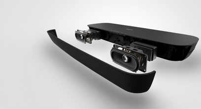Sort Panasonic SC-HTB250EGK soundbar, eksploderet perspektivisk visning, bestående af 2 højttalere og en basreflekskabinet
