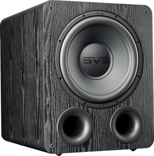 SVS PB-1000 PRO subwoofer i sort ask. Set forfra. Rund sort højttaler i midten, to runde sorte porte nederst.