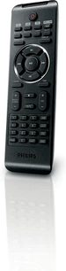 Sort Philips MCM-302 fjernbetjening, frontvisning, multifunktionsknapper, navigationshjul, LCD-skærm, nærbillede