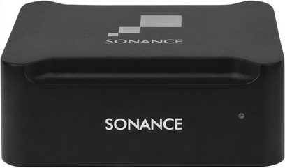 Sonance SWT kablosuz verici, siyah dikdörtgen kutu, ön yüzünde beyaz "SONANCE" logosu, üstten görünüm
