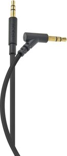 Cablu audio negru cu conectori jack de 3,5 mm aurii, unul drept și unul în unghi, vedere din față, fundal alb