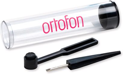 Ortofon onderhoudsset voor afstelling en reiniging, hifi onderhoudsset, doorzichtige buis met zwarte doppen, zwarte borstel, zwarte schroevendraaier