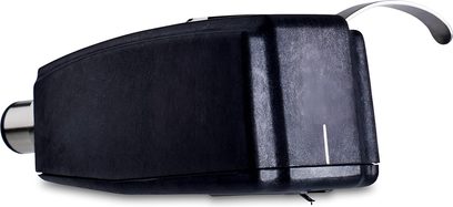 Hi-Fi plak çalar için SPU GTX E hücresi, yan görünüm, dokulu siyah kasa, silindirik metal konnektör, eğri gümüş renkli kol