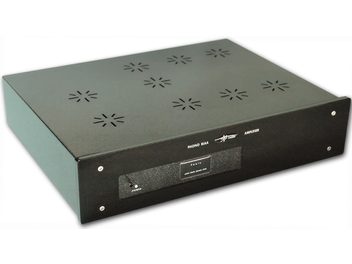 Lector audio FONIX phono preamp, top view, rectangular matte black enclosure with star-shaped ventilation grilles, front panel with knobs and jacks