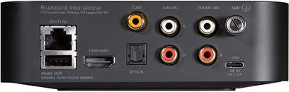 Lettore audio di rete BlueSound HUB, vista posteriore, connettività USB, HDMI, ottica, analogica, Ethernet, alimentazione