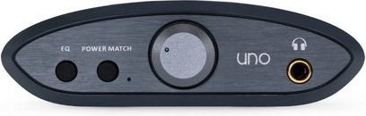 Аудіоперетворювач DAC iFi Audio Uno, чорний овальний корпус, передня панель з роз'ємом для навушників jack 3,5 мм, синій LED-індикатор, сріблястий регулятор гучності