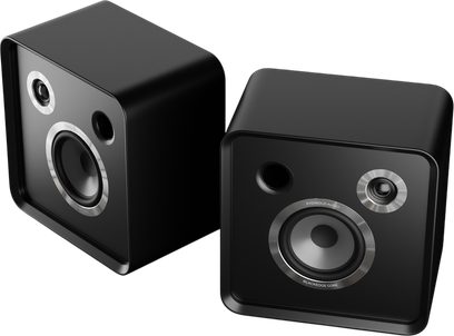 Zwarte EverSolo SE100 boekenplankspeakers, compact kubusvormig formaat met glanzend front en metaalomrande luidsprekers