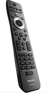 Sort Philips 47PFL8404H fjernbetjening med multifarvede knapper og central navigationshjul på hvid baggrund