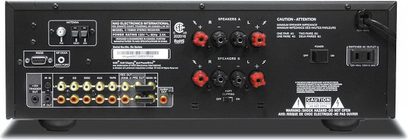 NAD C725BEE sort hi-fi stereoforstærker, bagside, audio/video-tilslutninger, højttalerstik, afbryder, strømstik