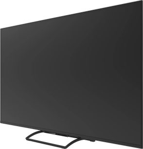 Svart Panasonic TN-86W95C-TV med avslått skjerm, smale rammer og åpent midtstativ, sett skrått forfra