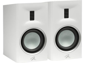 Pair of white MartinLogan Motion Xt B100 bookshelf speakers, gray woofer and black tweeter on the front