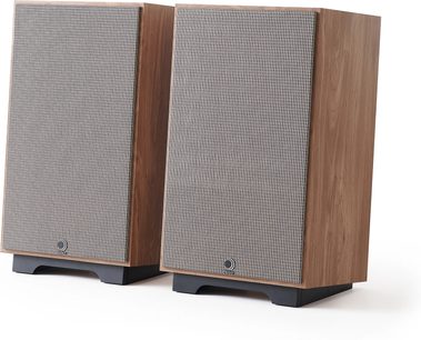Elipson Heritage XLS 15 Standlautsprecher in hellem Eichenholz, Vorderansicht, zwei Einheiten, graues Stoffgitter, schwarzer Sockel