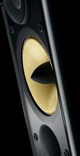 Bowers & Wilkins XT8 gulvhøjttaler, nærbillede forfra af en oval, gylden højttaler i et mat sort kabinet