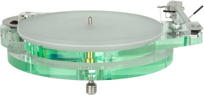 Roksan Radius 7 gennemsigtig pladespiller set oppefra med Nima tonearm og pickup, på hvid baggrund