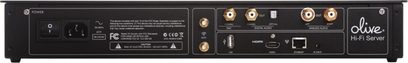 Sort Olive 4HD netværksaudioafspiller, bagside med audio-, netværks-, USB- og HDMI-tilslutninger, kontrolknapper