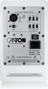 Monitor activ Canton alb vedere din spate cu panou de conexiuni și reglaje audio