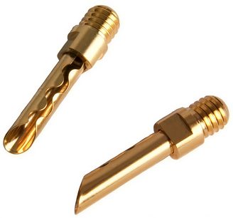 To gullbelagte elektriske kontakter fra Supra CombiCon Set (4 x bananplugger / gaffelkontakter), en bananplugg og en gaffelkontakt