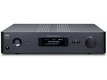 Amplificador de alta fidelidad estéreo NAD C389 negro, vista frontal, pantalla LED azul, botones y ruedas de control, toma de auriculares en la parte delantera