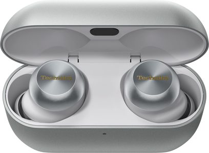 Auriculares inalámbricos Bluetooth Technics EAH-AZ100E plateados en un estuche abierto, vista frontal, auriculares circulares plateados