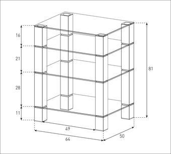 Hi-Fi møbel Sonorous RX5040B-INOX, teknisk diagram med mål i centimeter, isometrisk visning, struktur i glas og metal