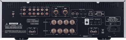 Rotel RA-1570 sort hi-fi stereoforstærker, set forfra, med stik og betjeningsknapper på forsiden, digitalt display i midten